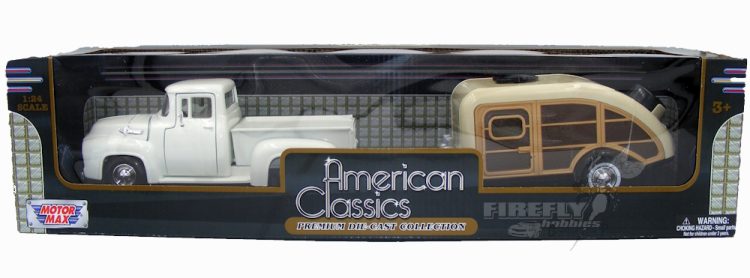 Motormax - 1:24 1956 Ford Pick Up Truck w/ Tear Drop Trailer (White) "American Classics"