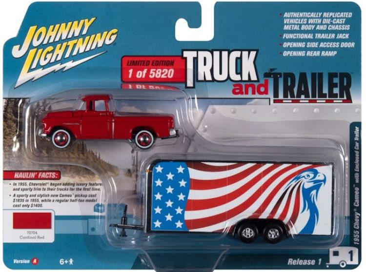 Johnny Lightning - 1:64 1955 Chevy Cameo w/ Enclosed Car Trailer (Cardinal Red) - Truck and Trailer - Image 2