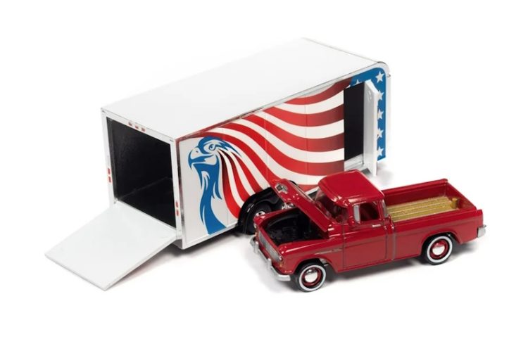 Johnny Lightning - 1:64 1955 Chevy Cameo w/ Enclosed Car Trailer (Cardinal Red) - Truck and Trailer