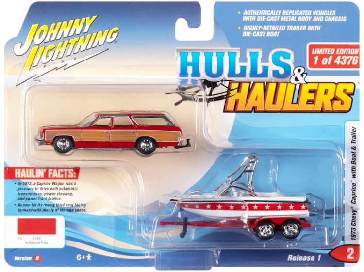 Johnny Lightning - 1:64 1973 Chevy Caprice w/ Boat & Trailer (Medium Red) - Hulls & Haulers - Image 2