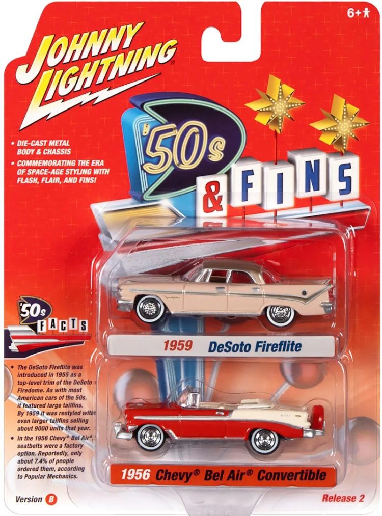 Johnny Lightning - 1:64 1959 DeSoto Fireflite (Coral Sand) & 1956 Chevy Bel-Air Convertible (Red) - '50s and Fins - Image 2