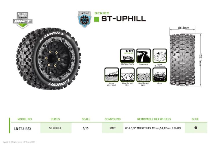 Louise RC - MFT ST-UPHILL 1/10 Stadium Truck Tire - Removable Hex - Mounted - Black (1 Pair) - Image 5